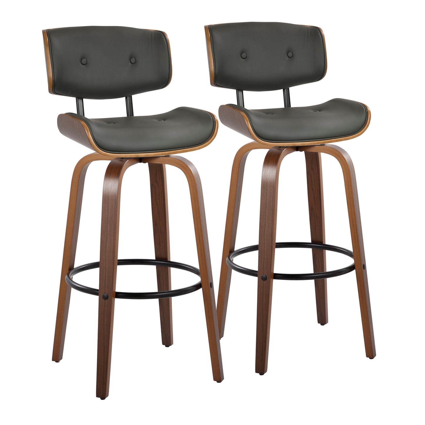 30" Mid-Century Modern Fixed-Height Barstool with Swivel in Walnut Wood and Grey Faux Leather with Round Black Metal Footrest  - Set of 2