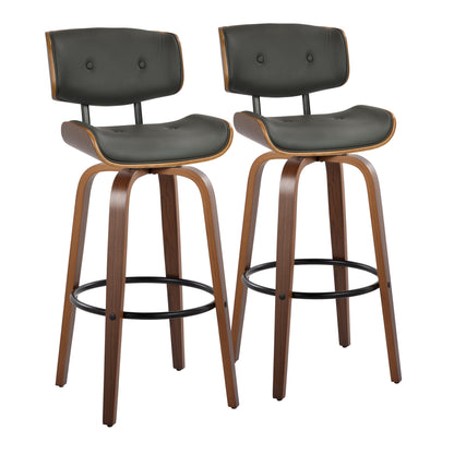 30" Mid-Century Modern Fixed-Height Barstool with Swivel in Walnut Wood and Grey Faux Leather with Round Black Metal Footrest  - Set of 2