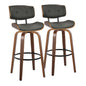 30" Mid-Century Modern Fixed-Height Barstool with Swivel in Walnut Wood and Grey Faux Leather with Round Black Metal Footrest  - Set of 2