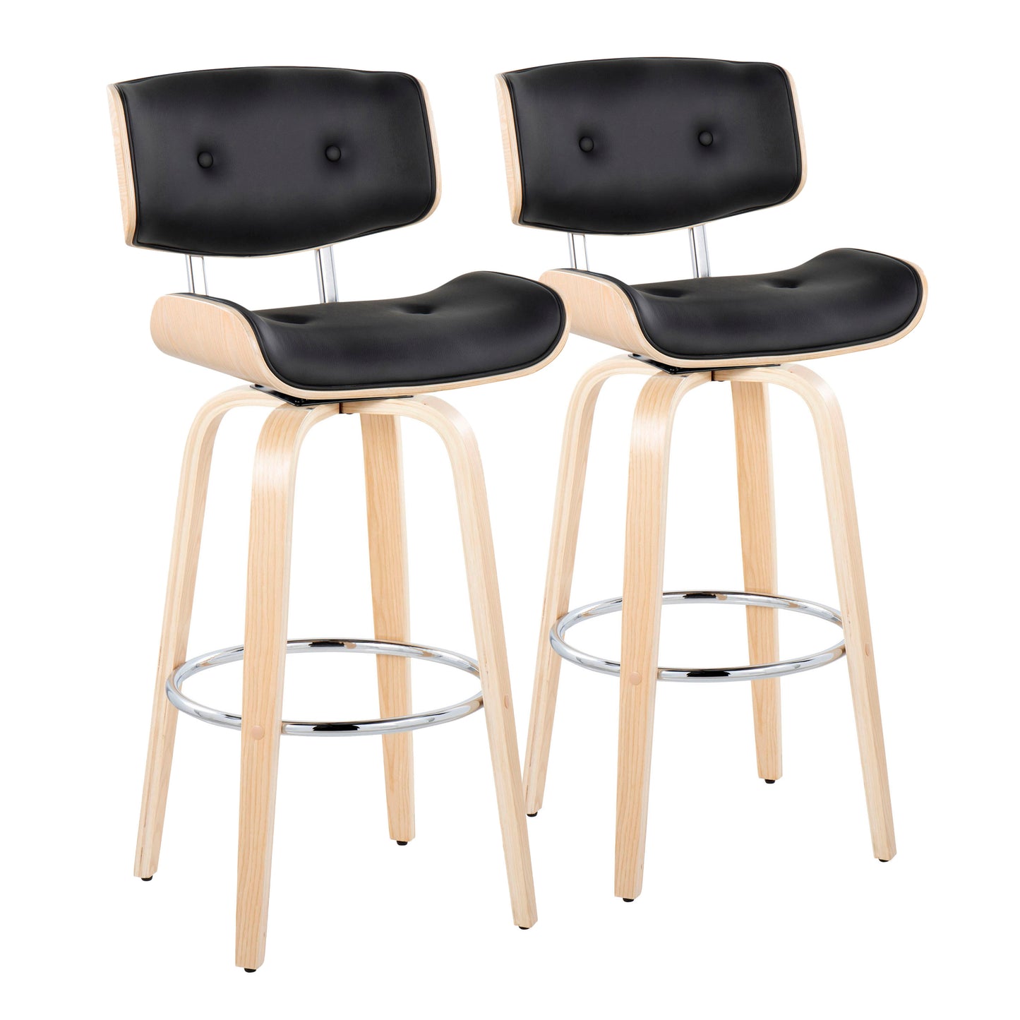 30" Mid-Century Modern Fixed-Height Barstool with Swivel in Natural Wood and Black Faux Leather with Round Chrome Metal Footrest  - Set of 2