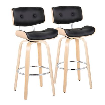 30" Mid-Century Modern Fixed-Height Barstool with Swivel in Natural Wood and Black Faux Leather with Round Chrome Metal Footrest  - Set of 2
