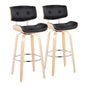 30" Mid-Century Modern Fixed-Height Barstool with Swivel in Natural Wood and Black Faux Leather with Round Chrome Metal Footrest  - Set of 2