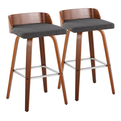 30" Mid-Century Modern Fixed-Height Barstool with Swivel in Walnut Wood and Charcoal Fabric with Square Chrome Metal Footrest  - Set of 2