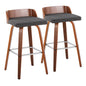 30" Mid-Century Modern Fixed-Height Barstool with Swivel in Walnut Wood and Charcoal Fabric with Square Chrome Metal Footrest  - Set of 2