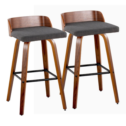 30" Mid-Century Modern Fixed-Height Barstool with Swivel in Walnut Wood and Charcoal Fabric with Square Black Metal Footrest  - Set of 2