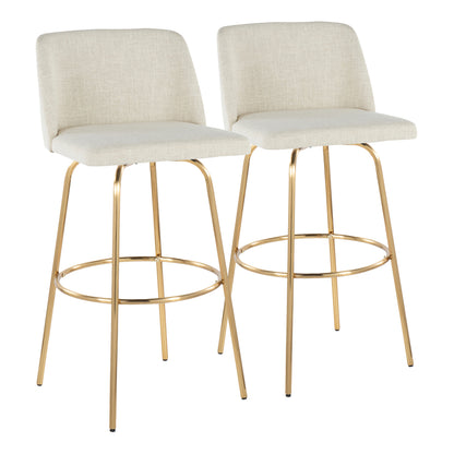 30" Contemporary Fixed-Height Barstool with Swivel in Cream Fabric and Gold Metal with Round Footrest  - Set of 2