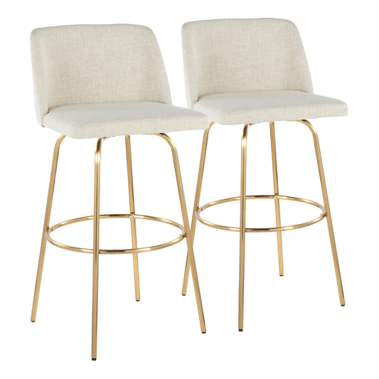 30" Contemporary Fixed-Height Barstool with Swivel in Cream Fabric and Gold Metal with Round Footrest  - Set of 2