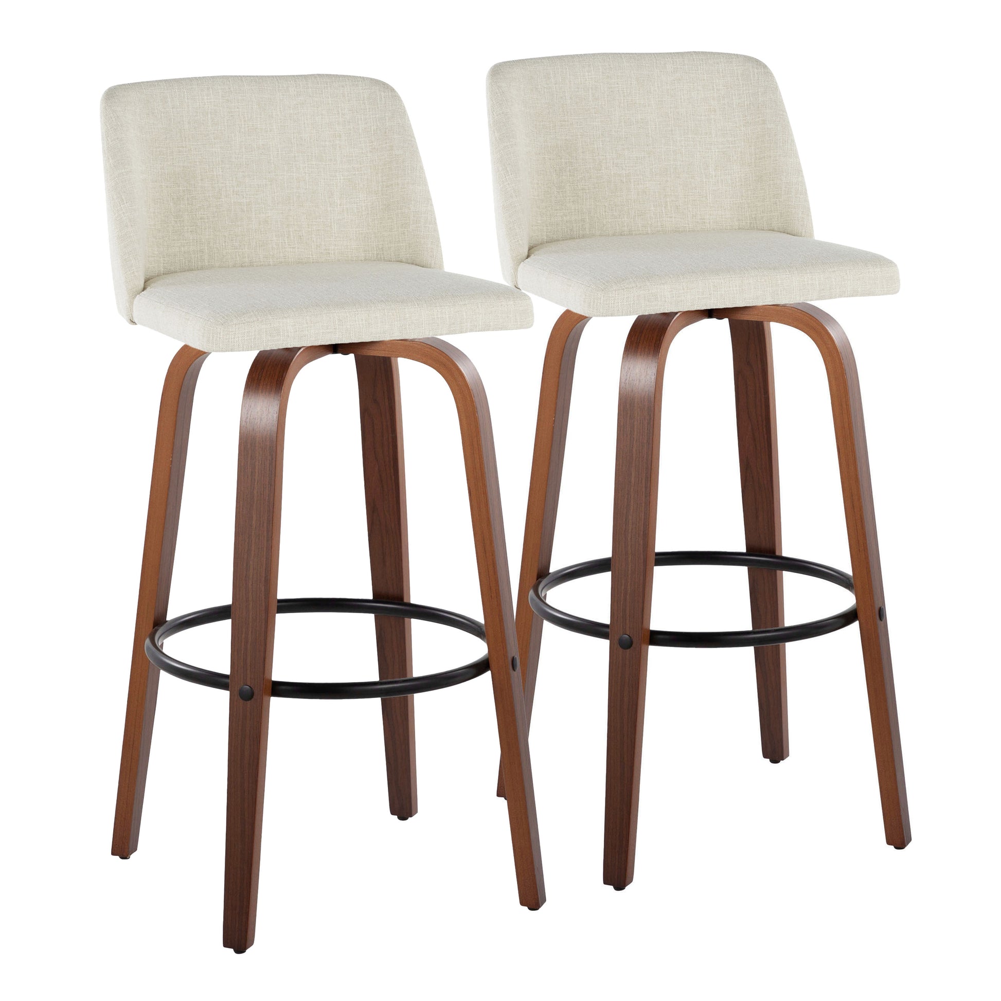 30" Mid-Century Modern Fixed-Height Barstool with Swivel in Walnut Wood and Cream Fabric with Round Black Metal Footrest  - Set of 2