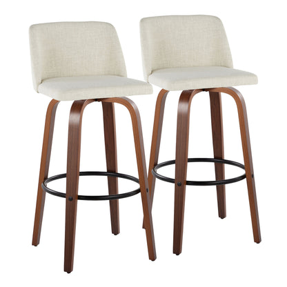 30" Mid-Century Modern Fixed-Height Barstool with Swivel in Walnut Wood and Cream Fabric with Round Black Metal Footrest  - Set of 2