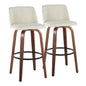 30" Mid-Century Modern Fixed-Height Barstool with Swivel in Walnut Wood and Cream Fabric with Round Black Metal Footrest  - Set of 2
