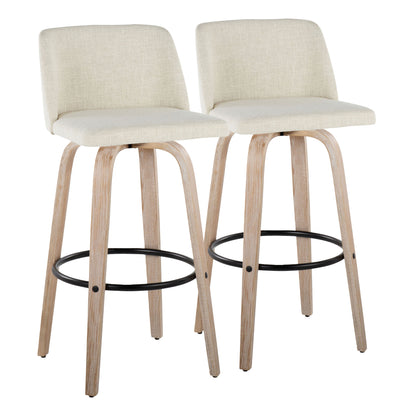 Fixed-Height Barstool in White Washed Wood and Cream Fabric with Round Black Metal Footrest  - Set of 2