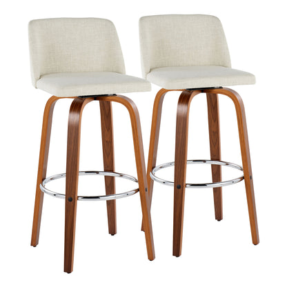 30" Mid-Century Modern Fixed-Height Barstool with Swivel in Walnut Wood and Cream Fabric with Round Chrome Metal Footrest  - Set of 2