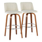 30" Mid-Century Modern Fixed-Height Barstool with Swivel in Walnut Wood and Cream Fabric with Round Chrome Metal Footrest  - Set of 2