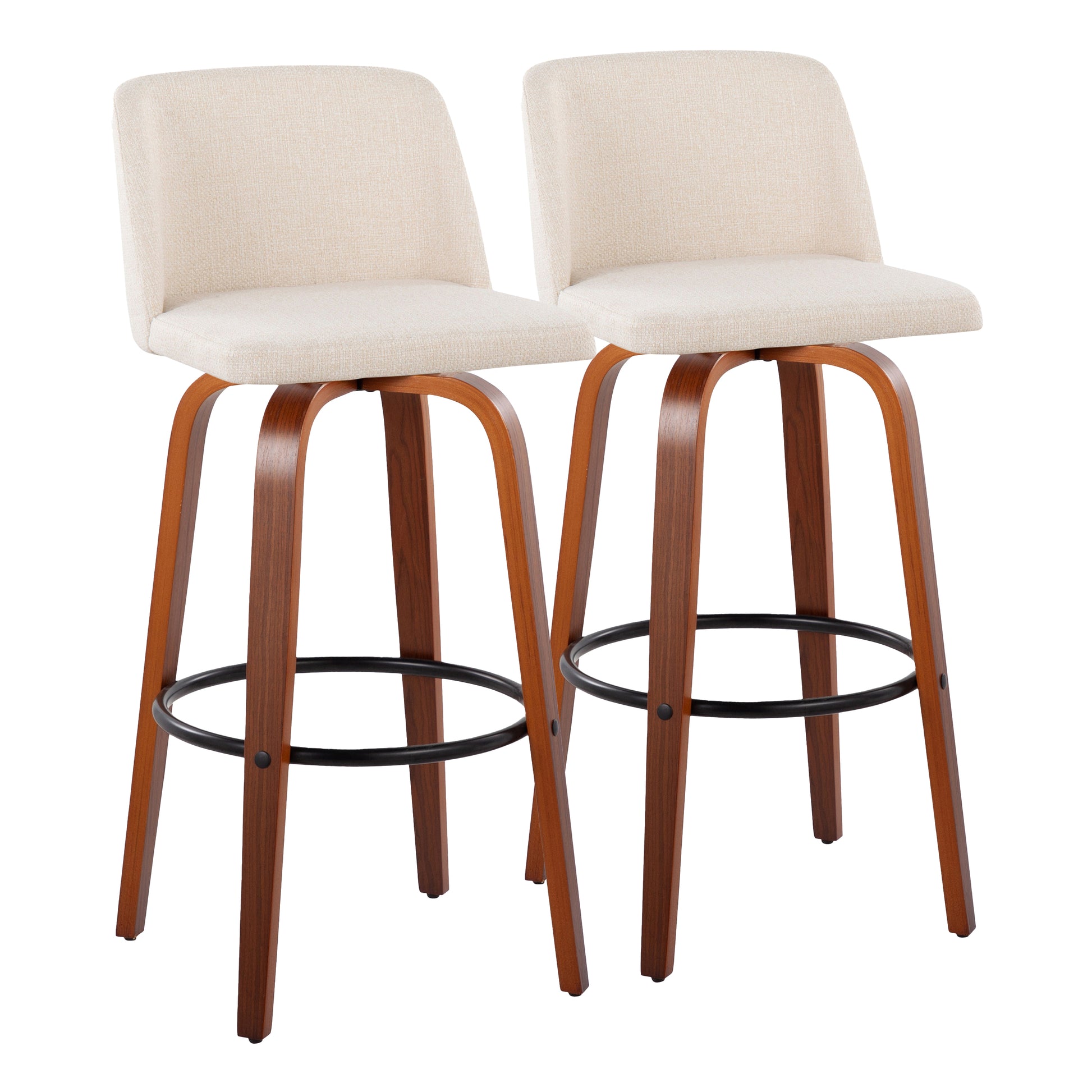 30" Mid-Century Modern Fixed Height Barstool with Swivel in Walnut Wood and Cream Noise Fabric with Round Black Metal Footrest  - Set of 2