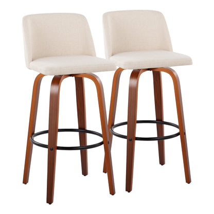 30" Mid-Century Modern Fixed Height Barstool with Swivel in Walnut Wood and Cream Noise Fabric with Round Black Metal Footrest  - Set of 2