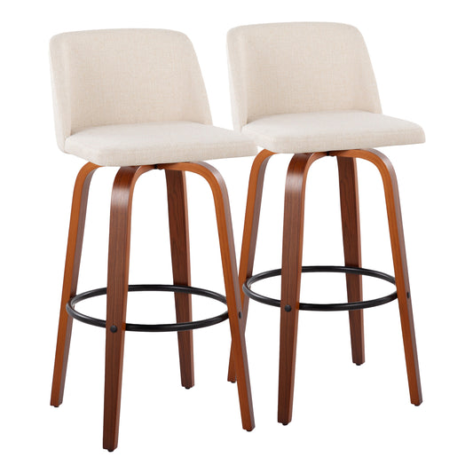 30" Mid-Century Modern Fixed Height Barstool with Swivel in Walnut Wood and Cream Noise Fabric with Round Black Metal Footrest  - Set of 2