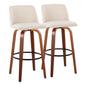 30" Mid-Century Modern Fixed Height Barstool with Swivel in Walnut Wood and Cream Noise Fabric with Round Black Metal Footrest  - Set of 2