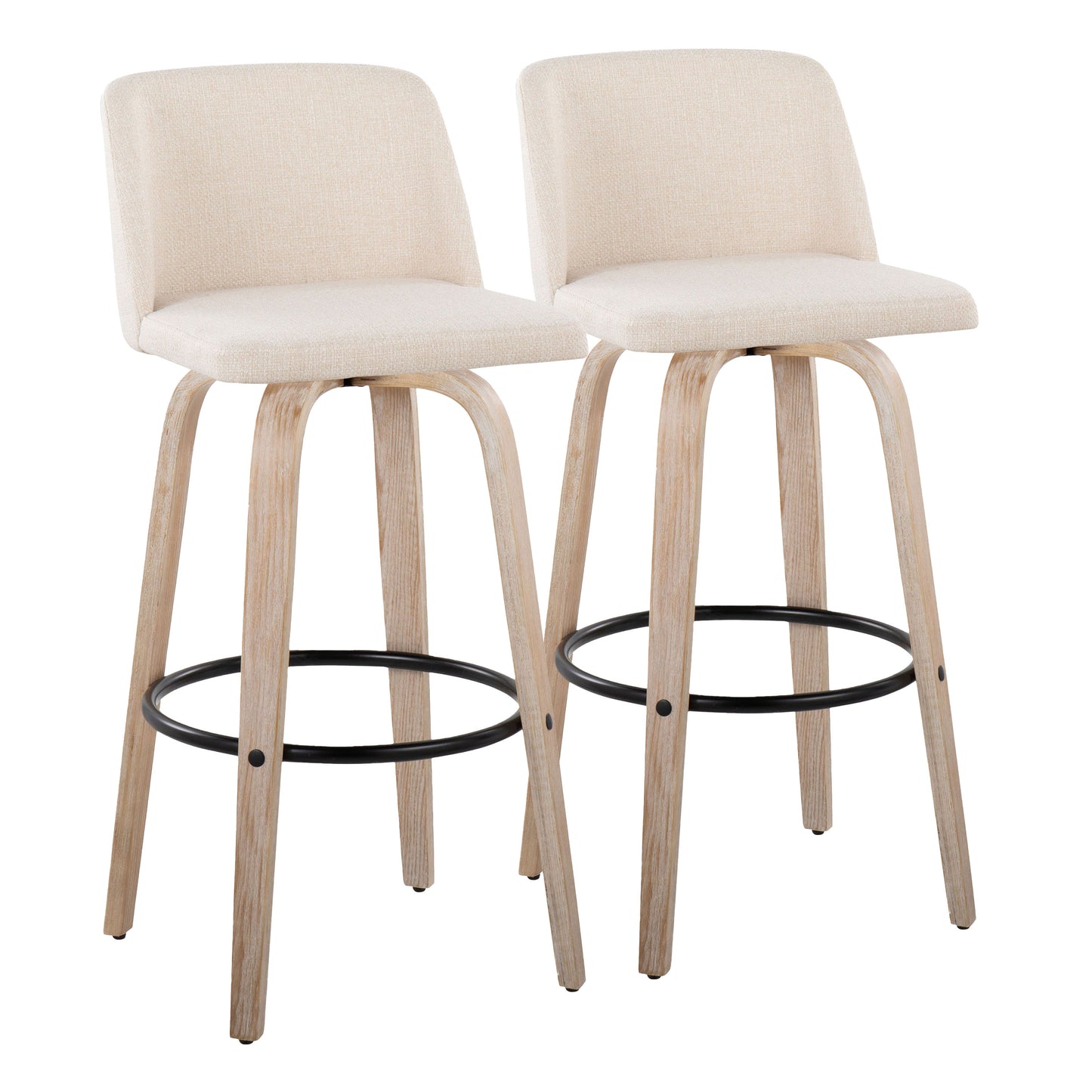 30" Mid-Century Modern Fixed Height Barstool with Swivel in White-Washed Wood and Cream Noise Fabric with Round Black Metal Footrest  - Set of 2