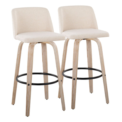 30" Mid-Century Modern Fixed Height Barstool with Swivel in White-Washed Wood and Cream Noise Fabric with Round Black Metal Footrest  - Set of 2