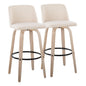 30" Mid-Century Modern Fixed Height Barstool with Swivel in White-Washed Wood and Cream Noise Fabric with Round Black Metal Footrest  - Set of 2