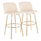 30" Contemporary Fixed Height Barstool with Swivel in Cream Faux Leather and Gold Metal with Round Footrest  - Set of 2