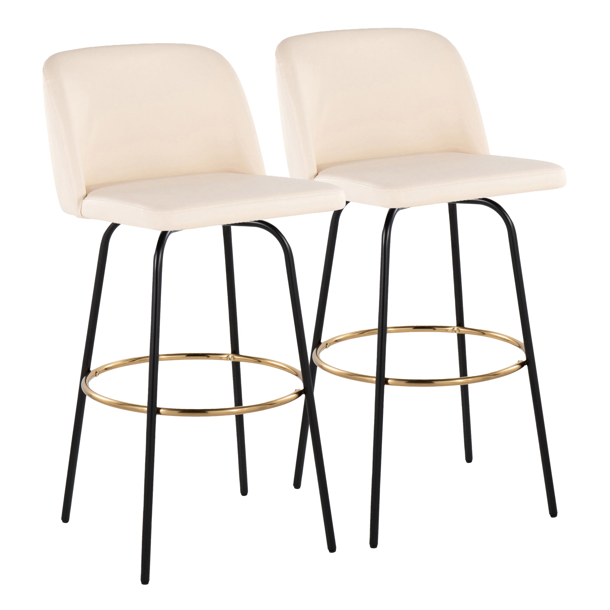 30" Contemporary Fixed Height Barstool with Swivel in Cream Faux Leather and Black Metal with Round Gold Footrest  - Set of 2