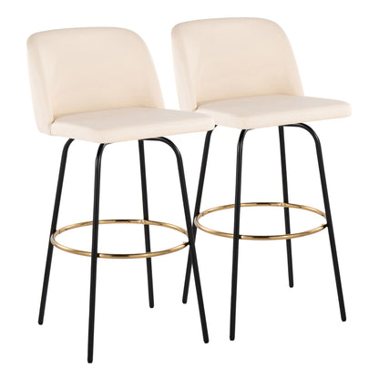 30" Contemporary Fixed Height Barstool with Swivel in Cream Faux Leather and Black Metal with Round Gold Footrest  - Set of 2