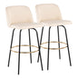 30" Contemporary Fixed Height Barstool with Swivel in Cream Faux Leather and Black Metal with Round Gold Footrest  - Set of 2