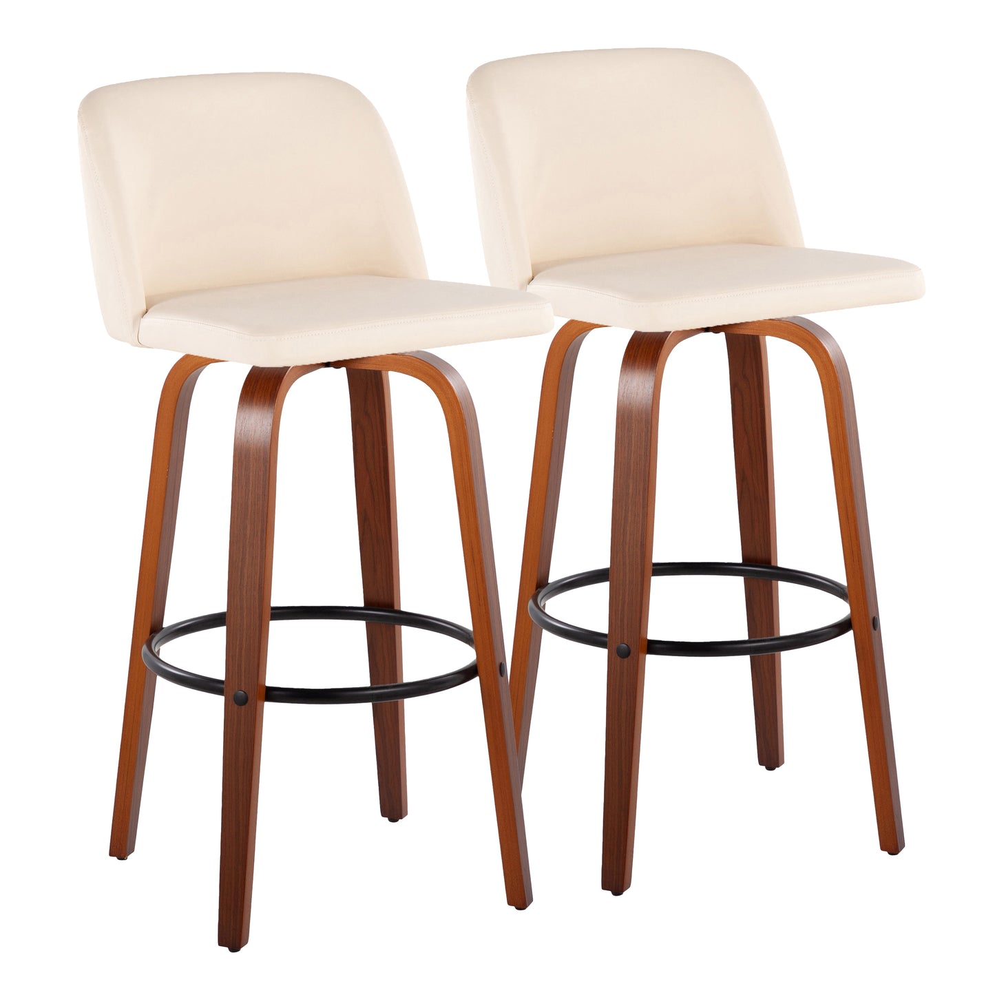 30" Mid-Century Modern Fixed Height Barstool with Swivel in Walnut Wood and Cream Faux Leather with Round Black Metal Footrest  - Set of 2