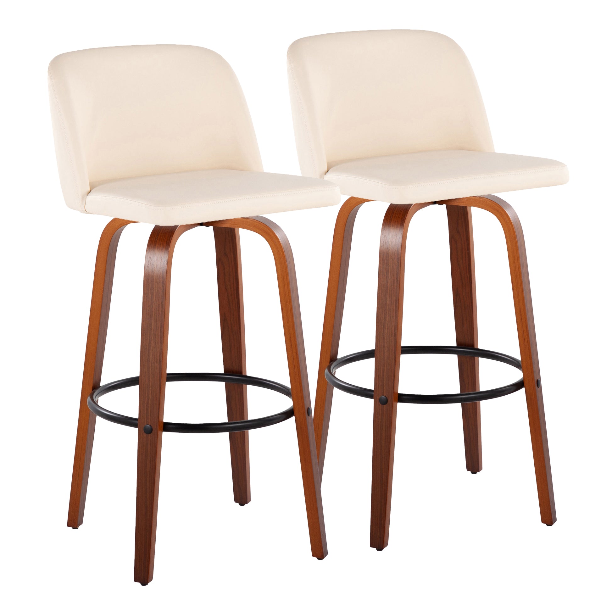 30" Mid-Century Modern Fixed Height Barstool with Swivel in Walnut Wood and Cream Faux Leather with Round Black Metal Footrest  - Set of 2