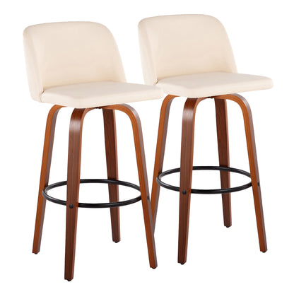 30" Mid-Century Modern Fixed Height Barstool with Swivel in Walnut Wood and Cream Faux Leather with Round Black Metal Footrest  - Set of 2