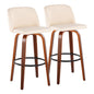 30" Mid-Century Modern Fixed Height Barstool with Swivel in Walnut Wood and Cream Faux Leather with Round Black Metal Footrest  - Set of 2