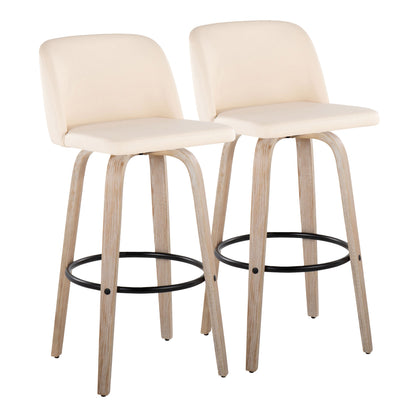 30" Mid-Century Modern Fixed Height Barstool with Swivel in White-Washed Wood and Cream Faux Leather with Round Black Metal Footrest  - Set of 2