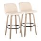 30" Mid-Century Modern Fixed Height Barstool with Swivel in White-Washed Wood and Cream Faux Leather with Round Black Metal Footrest  - Set of 2