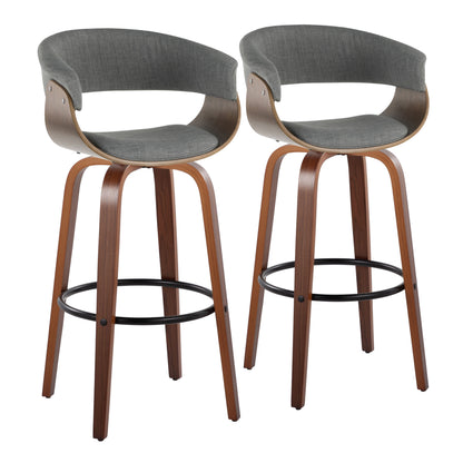 30" Mid-Century Modern Fixed-Height Barstool with Swivel in Walnut Wood and Light Grey Fabric with Round Black Metal Footrest  - Set of 2