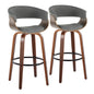 30" Mid-Century Modern Fixed-Height Barstool with Swivel in Walnut Wood and Light Grey Fabric with Round Black Metal Footrest  - Set of 2