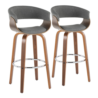 30" Mid-Century Modern Fixed-Height Barstool with Swivel in Walnut Wood and Light Grey Fabric with Round Chrome Metal Footrest  - Set of 2