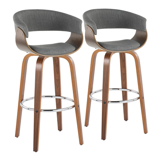 30" Mid-Century Modern Fixed-Height Barstool with Swivel in Walnut Wood and Light Grey Fabric with Round Chrome Metal Footrest  - Set of 2