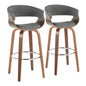 30" Mid-Century Modern Fixed-Height Barstool with Swivel in Walnut Wood and Light Grey Fabric with Round Chrome Metal Footrest  - Set of 2