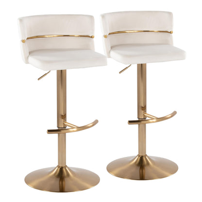 Adjustable Barstool with Swivel in Gold Metal and Cream Velvet with Rounded T Footrest  - Set of 2