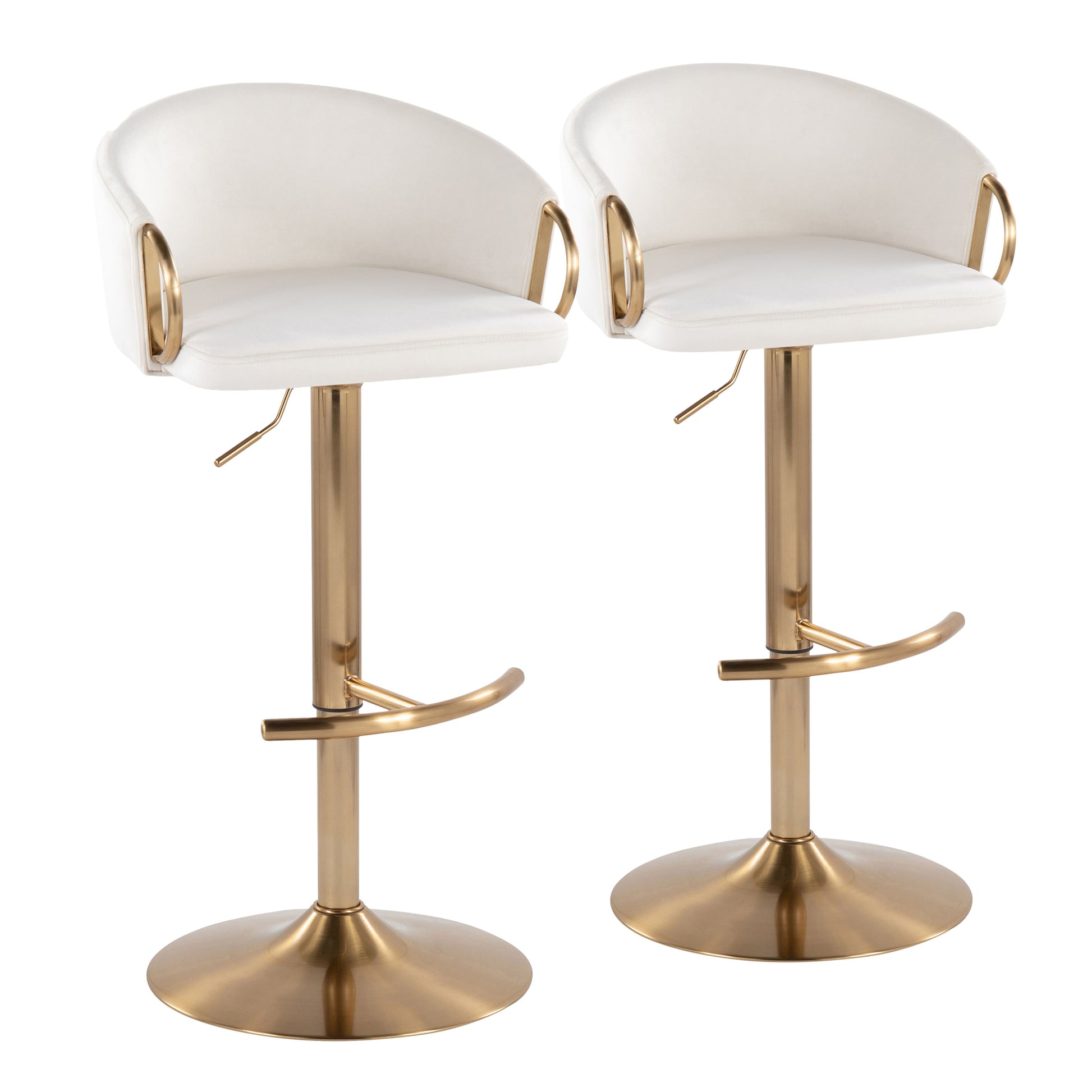 Contemporary Adjustable Barstool with Swivel in Gold Metal and Cream Velvet with Rounded T Footrest  - Set of 2