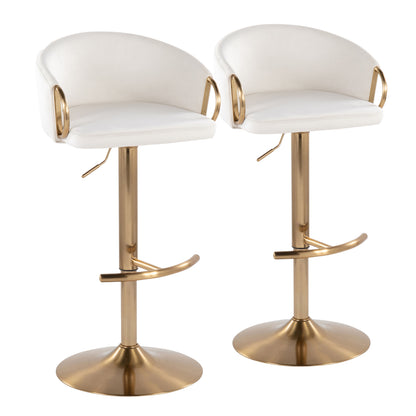 Contemporary Adjustable Barstool with Swivel in Gold Metal and Cream Velvet with Rounded T Footrest  - Set of 2