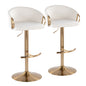 Contemporary Adjustable Barstool with Swivel in Gold Metal and Cream Velvet with Rounded T Footrest  - Set of 2