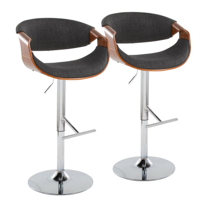 Mid-Century Modern Adjustable Barstool with Swivel in Chrome Metal, Walnut Wood and Charcoal Fabric with Straight T Footrest  - Set of 2