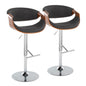 Mid-Century Modern Adjustable Barstool with Swivel in Chrome Metal, Walnut Wood and Charcoal Fabric with Straight T Footrest  - Set of 2
