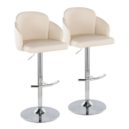 Contemporary Adjustable Barstool with Swivel in Chrome Metal and Cream Faux Leather with Rounded T Footrest  - Set of 2