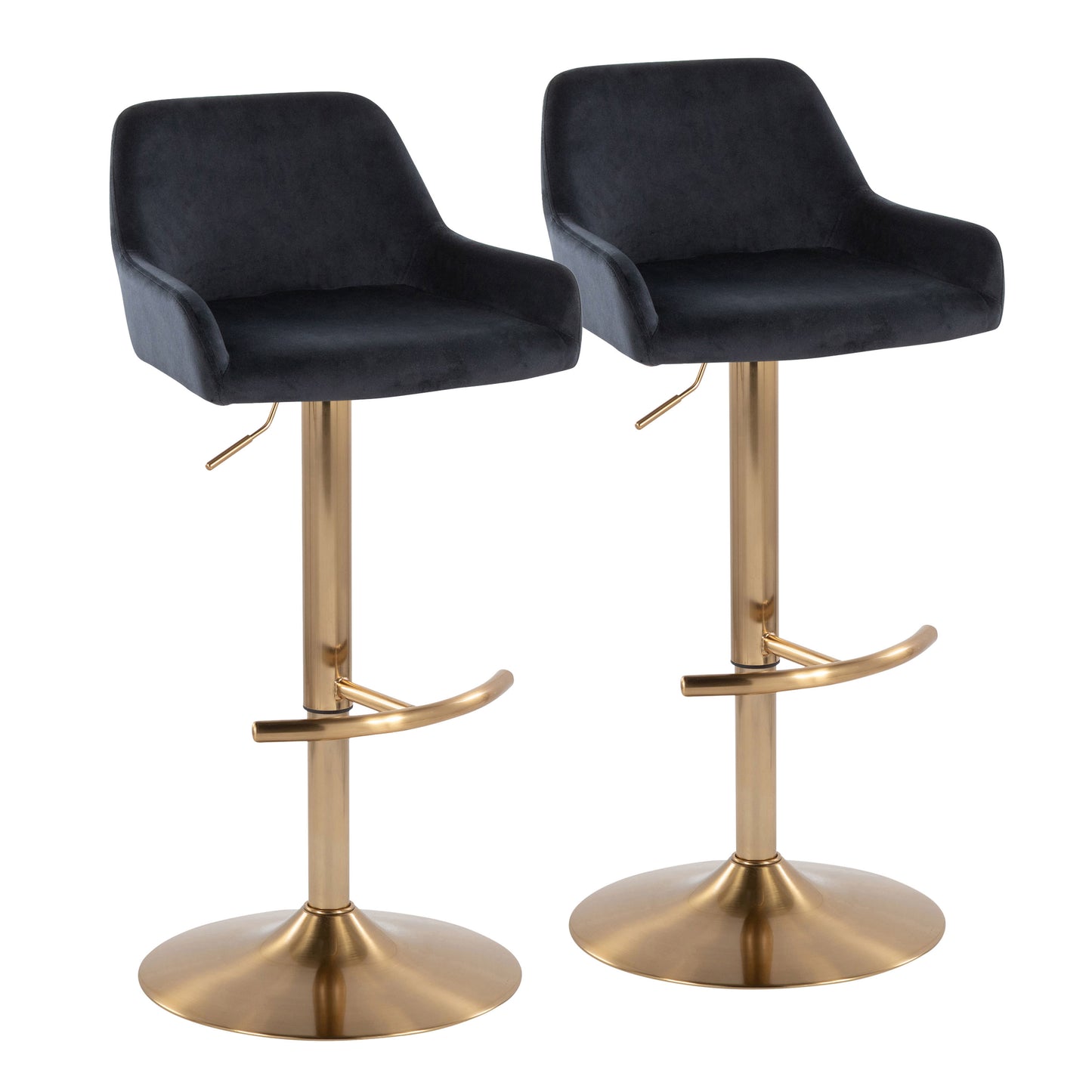 Contemporary Adjustable Barstool with Swivel in Gold Metal and Black Velvet with Rounded T Footrest  - Set of 2