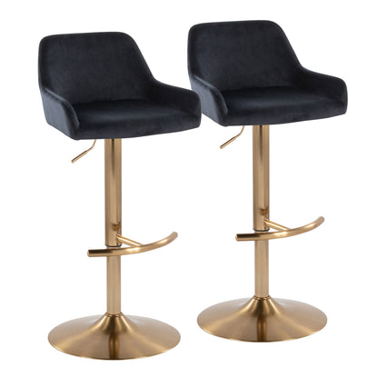 Contemporary Adjustable Barstool with Swivel in Gold Metal and Black Velvet with Rounded T Footrest  - Set of 2