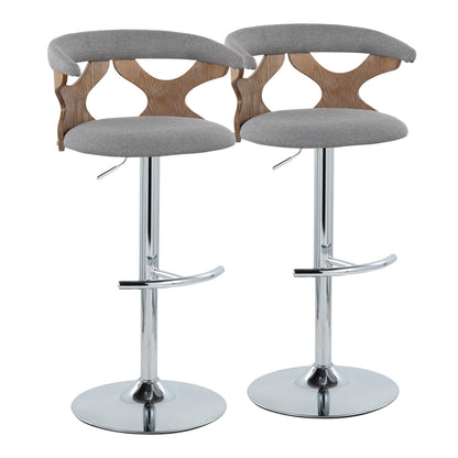 Contemporary Adjustable Barstool with Swivel in Chrome Metal, White Washed Wood and Light Grey Fabric with Rounded T Footrest  - Set of 2