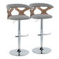 Contemporary Adjustable Barstool with Swivel in Chrome Metal, White Washed Wood and Light Grey Fabric with Rounded T Footrest  - Set of 2